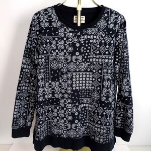 Lands End Women Large Sweatshirt Navy Blue Bandana Paisley Serious Sweats 514318
